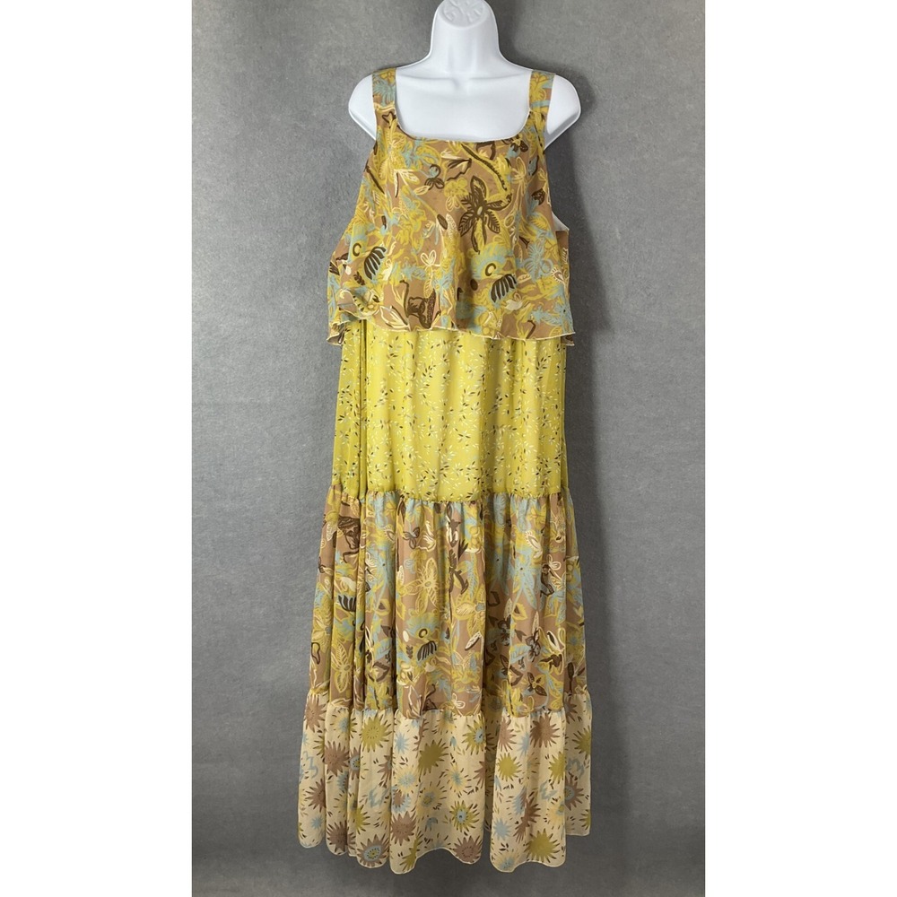 Jessica London Dress Womens Sz 22 Yellow Floral Tiered Lined Peasant Cottagecore